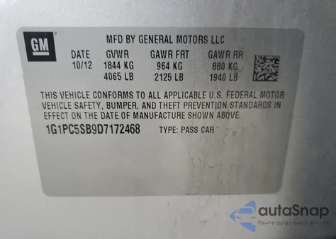 2013 Chevrolet Cruze Lt z USA, uszkodzony, nr VIN 1G1PC5SB9D7172468